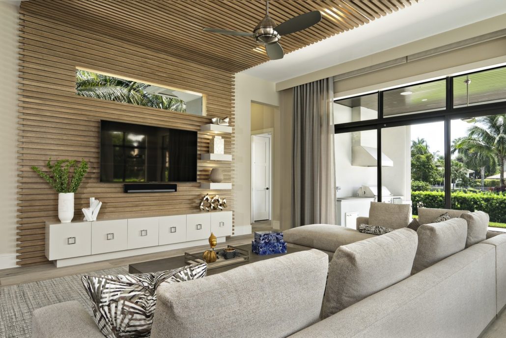 interior design boca raton living room space with wood accent wall